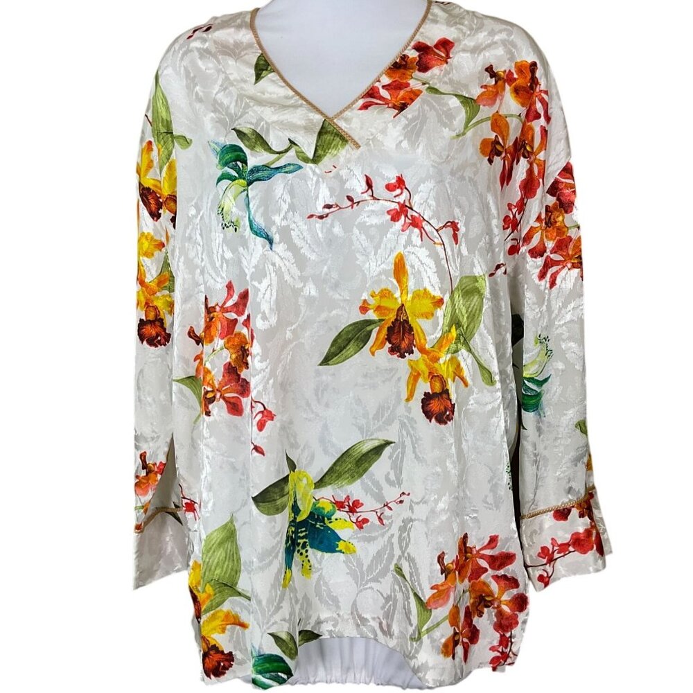 Mary McFadden Long Sleeve Floral Brocade V-Neck VTG Sleep Shirt Small